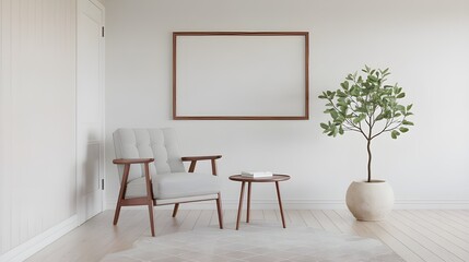 Wall Mural - Minimalist Living Room Interior Design with White Chr  Wooden Table and Plant