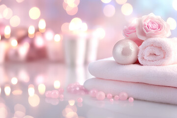 Wall Mural - A tranquil arrangement features soft pink towels, delicate roses, and a shimmering ornament, all set against a backdrop of softly glowing candles, enhancing relaxation