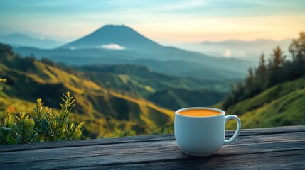 A serene morning scene with a cup of tea overlooking a mountainous landscape.