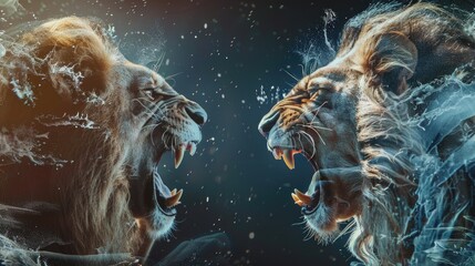 Two adult lions facing off, roaring loudly