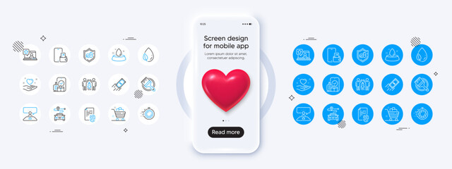 Phone mockup with 3d heart icon. Grocery basket, Journey and Fingerprint line icons. Pack of Online rating, Brush, Seo timer icon. Hold heart, Water bowl, Interview job pictogram. Vector