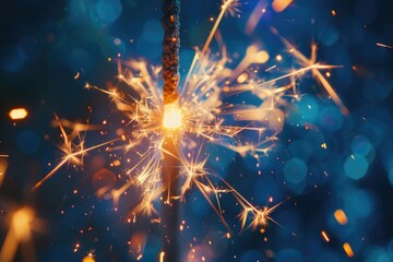 Wall Mural - a close-up shot of a sparkler on a blue background, great for capturing firework moments or adding s