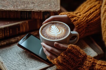 An old stack of books is topped with a stack of hands holding a coffee cup and phone.