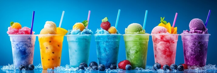 An exquisite and vibrant array of fruity ice cream cocktails served in colorful cups, the perfect choice for a refreshing treat and indulgence on warm days. An ideal delight for summer enjoyment