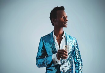 Man in a sequined blue suit holds a drink against plain background