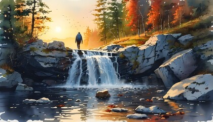 Wall Mural - Tranquil Watercolor Scene Featuring Rocky Waterfall in Autumn Forest with Hiker at Sunrise