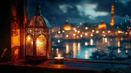 A stunning mosque view framed by a blue wall is the focal point of Eid al-Fitr and Ramadan Kareem concept backgrounds.