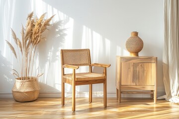 Wall Mural - A wooden chair sits next to a wooden cabinet in a simple room setting