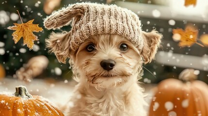   A dog with a knitted hat sits on a pile of pumpkins during winter