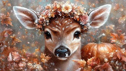 Wall Mural -   Deer with flower crown, pumpkin in foreground