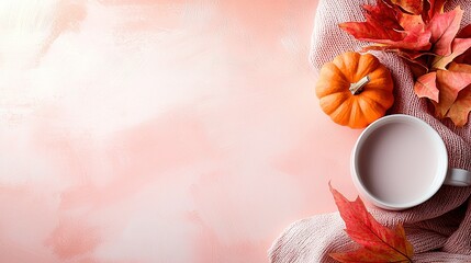   A cup of coffee sits atop a table surrounded by orange and red foliage against a pink backdrop