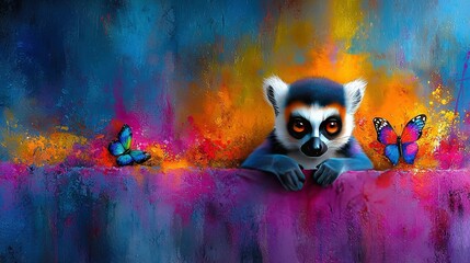 Wall Mural -   A lemur peeks out from behind a wall, adorned with a butterfly on its head