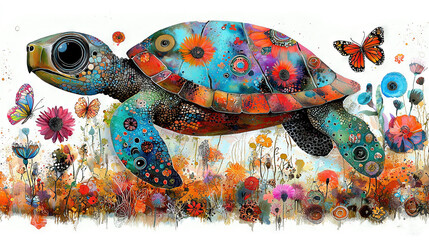 Wall Mural -   A turtle painting surrounded by flowers and butterflies with one butterfly on its back