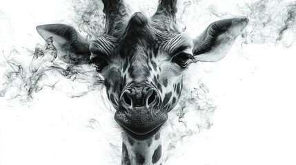 Canvas Print -   A monochrome photograph captures a giraffe's unique facial expression as it emits smoke from its nostrils