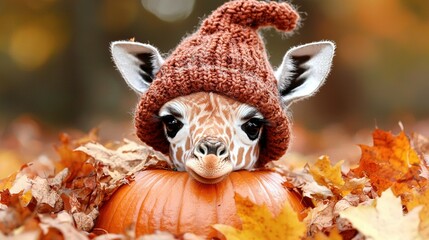   A giraffe wearing a knitted hat sits in a pile of leaves