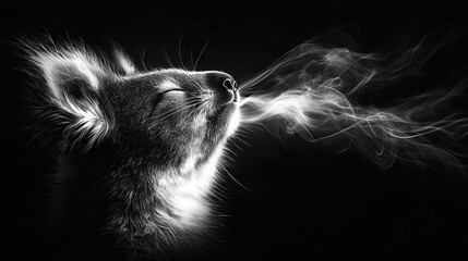 Wall Mural -   A black and white photo shows a sleeping cat exhaling smoke from its nostrils