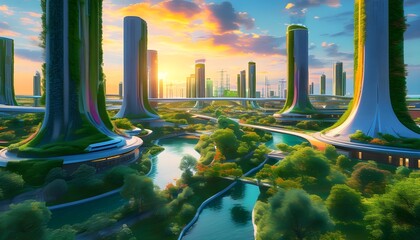 Wall Mural - Futuristic eco-friendly cityscape featuring lush green urban infrastructure and innovative sustainable development concepts under a bright daytime sky