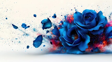 Wall Mural -   A blue rose with a splash of paint on its petals, falling off