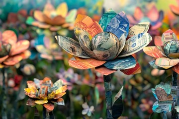 Colorful flowers made from money create a vibrant garden scene. This unique artwork blends finance and nature in a striking visual style. Generative AI