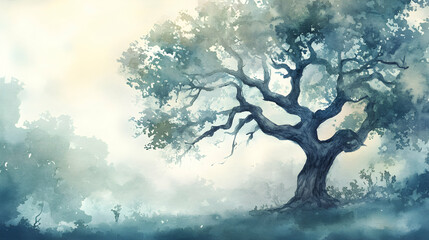 subdued watercolor illustration of an ancient oak tree with sprawling branches, set in a foggy morni