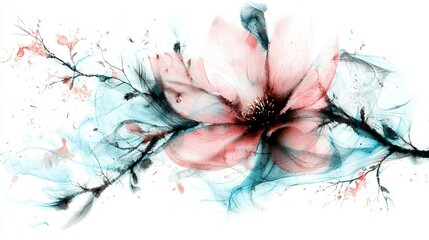 Wall Mural -   A painting of a flower with red and blue petals on its petals and a black stem emerging from the middle