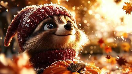   A macro shot of a raccoon donning a handmade hat and scarf amidst autumn foliage