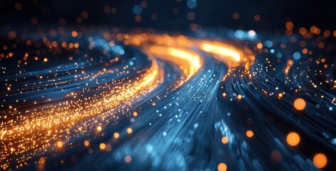 Wall Mural - close-up of an optical fiber cable with glowing white and orange lights creating an abstract futuris