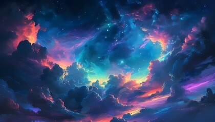 Wall Mural - Neon-Lit Celestial Clouds in Deep Space, Vibrant Astral Scene Showcasing Galactic Essence with Surreal Nebulae, Stars, and Ethereal Nighttime Lightscape