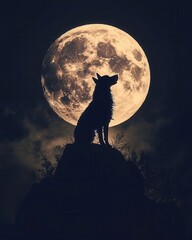a silhouette of a wolf howling in front of a full moon, creating a mystical and dramatic night scene