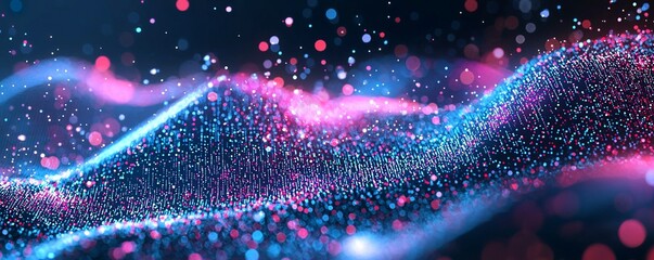 Digital data stream background with glowing particles and lights, a digital technology concept.