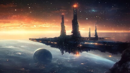 Wall Mural - Futuristic city in space, with a planet and stars in the background.