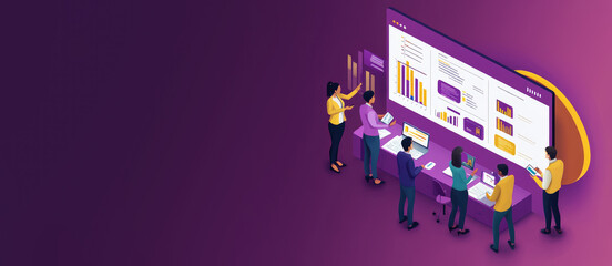 Isometric 3d icon of Corporate people working together on flat color background with Copy space, creative banner template of Expert team for Data Analysis, Business Statistic. 