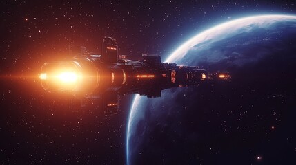 Wall Mural - Futuristic spaceship flying past a blue planet in outer space.