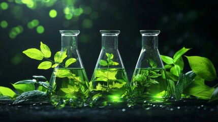 Plants with biochemistry structure and chemical formula on green background in a biology laboratory.