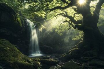 Wall Mural - A serene forest scene with a gentle waterfall flowing through lush greenery. Sunlight spills through the leaves creating a magical atmosphere. Generative AI