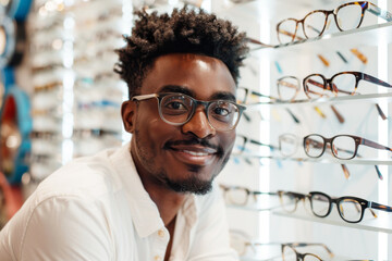 Man at an optometrist's, trying on eyeglasses