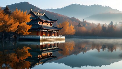 Wall Mural - Tranquil Autumn Morning in a Chinese Landscape Featuring a Traditional Temple and Misty Mountains Mirrored in a Calm Lake