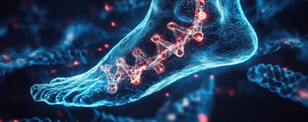 Detailed illustration of a human foot with an overlay of DNA structure in glowing blue and red, representing genetics and biology concepts