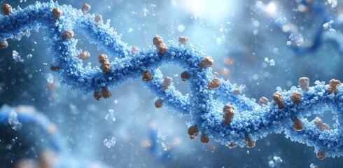 Wall Mural - realistic illustration of a dna double helix highlighting molecular structure in a blue cellular env