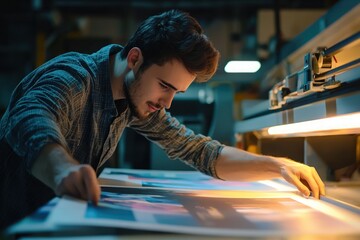 Printing House Worker Checking Quality: A young, positive worker meticulously checks the quality of printed posters in a printing house, working on a 