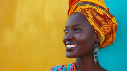 Wall Mural - Two smiling African women in colorful traditional attire and headwraps stand against a bright yellow background.