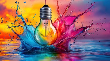 Poster -  Light bulb with water splashing from a multicolored background