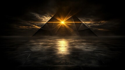 Wall Mural -   A well-lit photo of a yellow pyramid against a black background with the sun illuminating through the clouds in the center