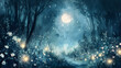 © Komkrit - Enchanted watercolor scene of a mystical moonlit forest with glowing fireflies, ancient trees with twisted branches, and a soft, silvery light creating a magical, ethereal atmosphere