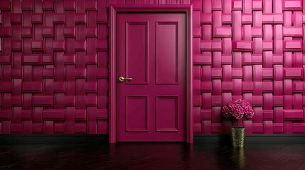 Wall Mural -   A pink door with a vase of flowers and basket of flowers on the floor in front