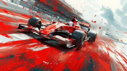 Bold and Dynamic Formula One Car in Action with a Vibrant Red and Abstract Design Effect