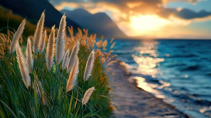 Wall Mural - a stunning image featuring a tranquil body of water surrounded by lush greenery in the foreground, a