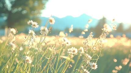 Wall Mural -  A wildflower field under the sun's rays, with sunlight filtering through both the trees and the grass behind