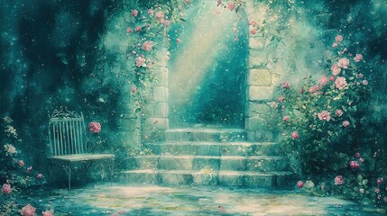 Wall Mural -   A painting depicts a staircase ascending to a garden containing pink roses and a birdcage in the foreground