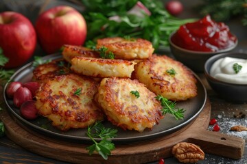 Wall Mural - Some food on a plate with some apples and some other foods, potato latkes, food background